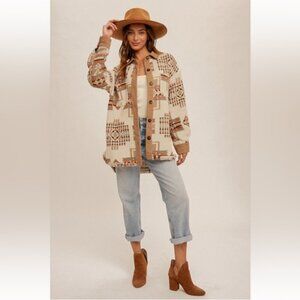 325. Aztec Print Shacket Fringe Button Down W/Pockets Camel Cream NWT NEW Item